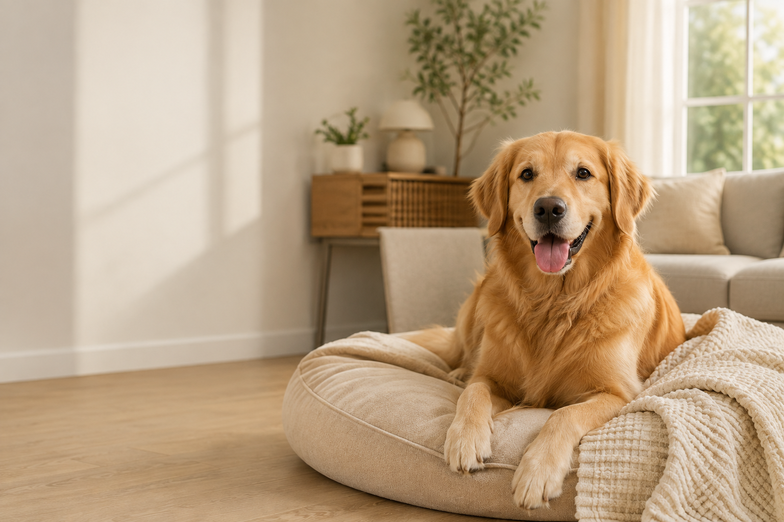 A relaxed dog in a warm, clean home
